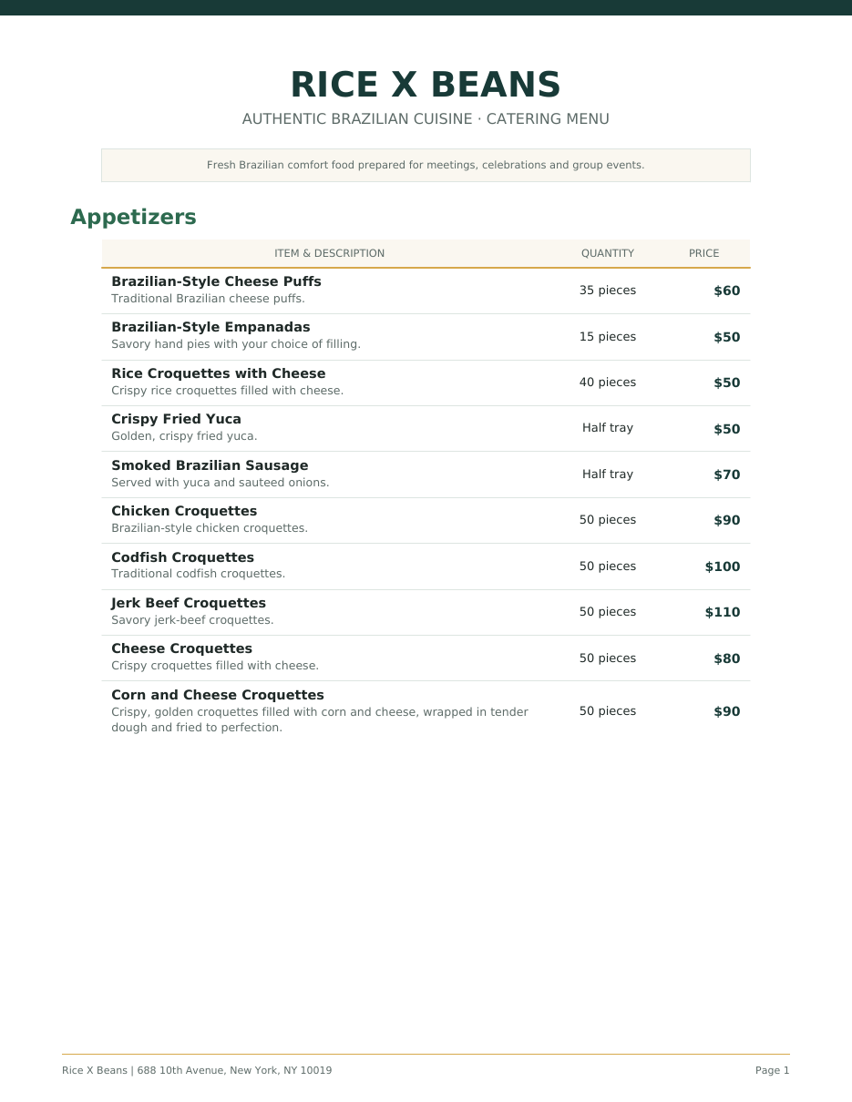Preview of the Rice x Beans Catering menu